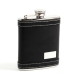 6 oz Stainless Steel Flask in Black Leather with White Stitching Accents, Includes Engraving Plate. 